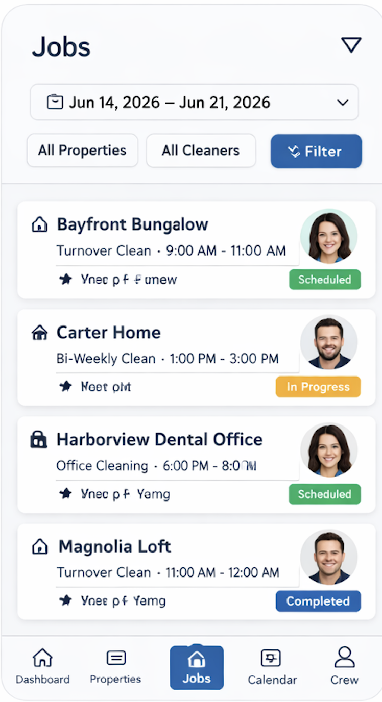 SweepLogic Jobs screen showing scheduled cleaning jobs