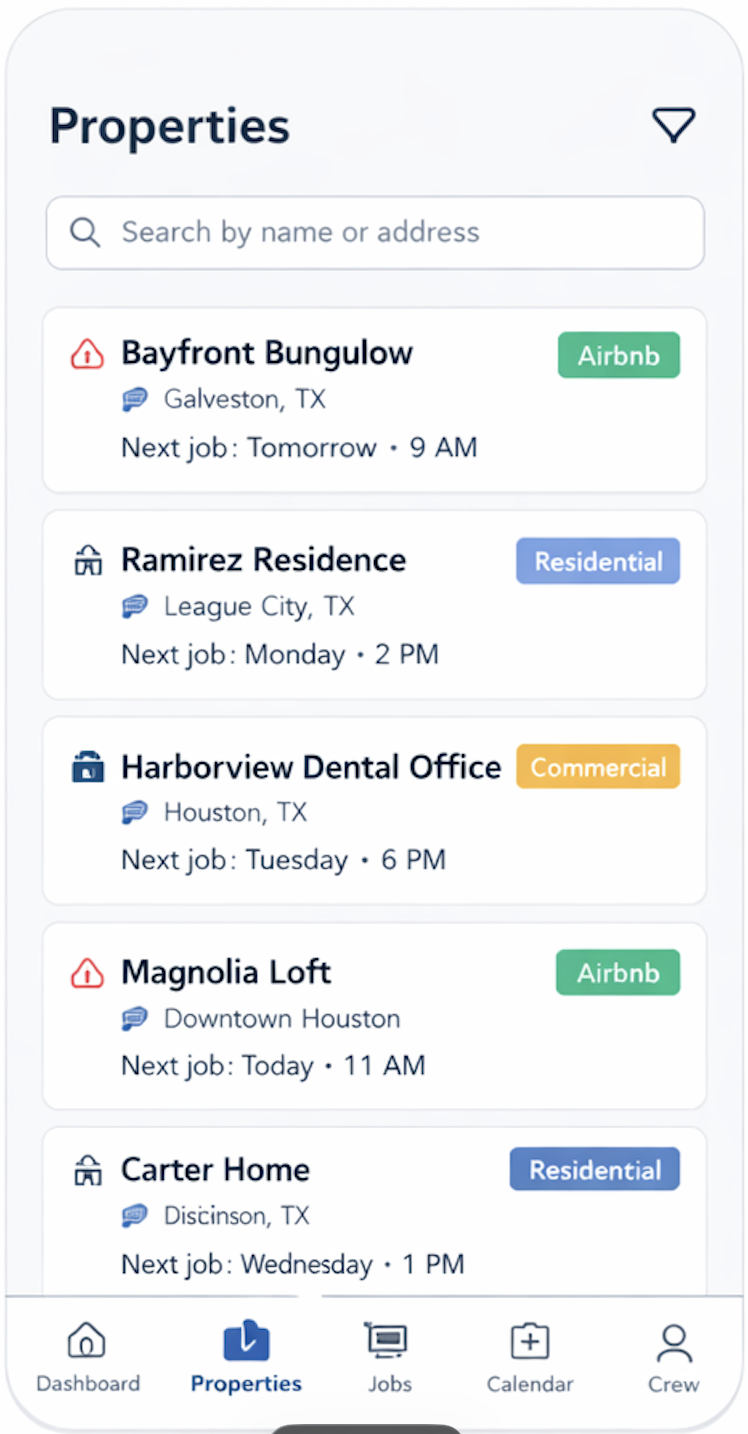 SweepLogic Properties screen showing a list of cleaning properties